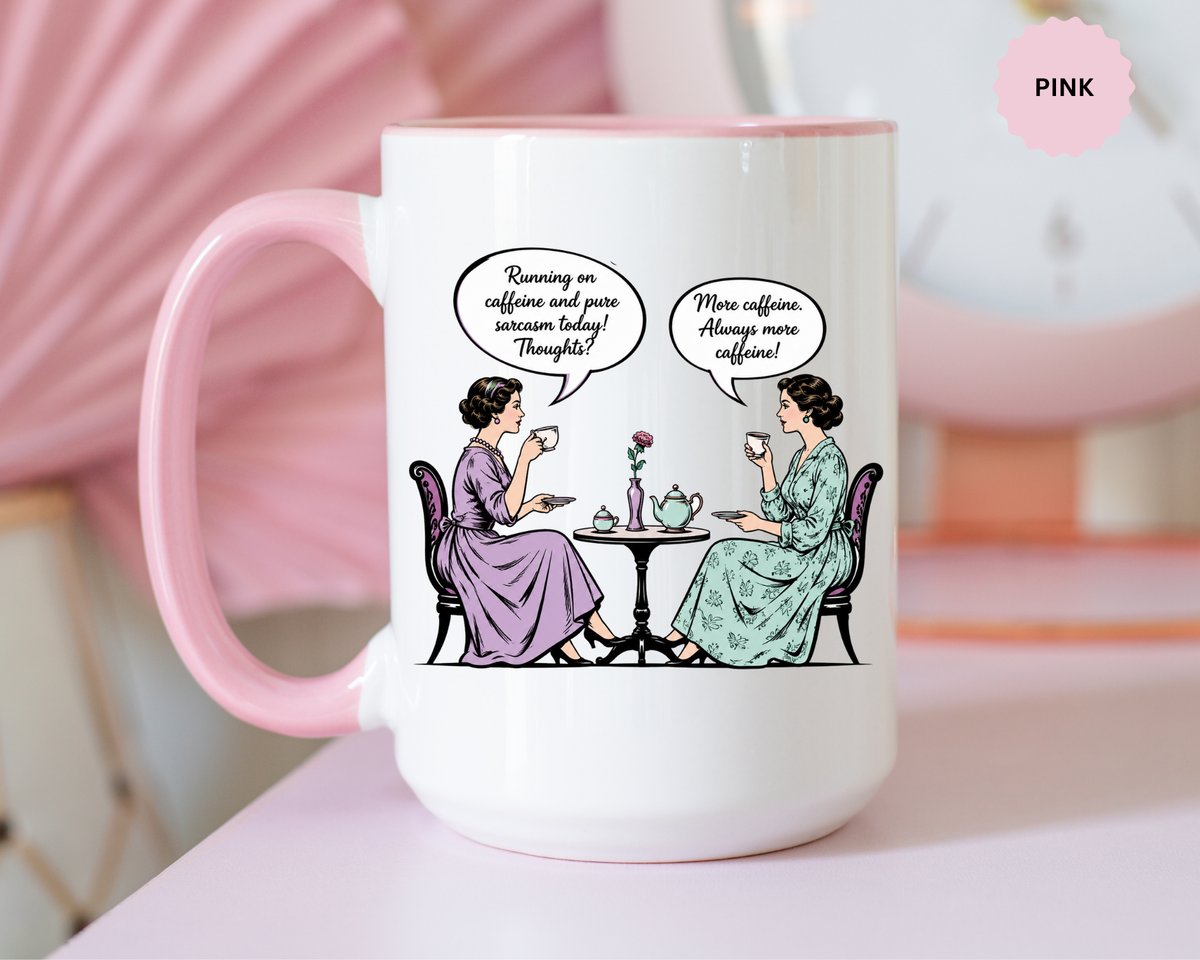 Funny Coffee Lovers Mug, Running on Caffeine and Pure Sarcasm Mug, Vintage Tea Party Coffee Cup, Best Friend Coffee Gift