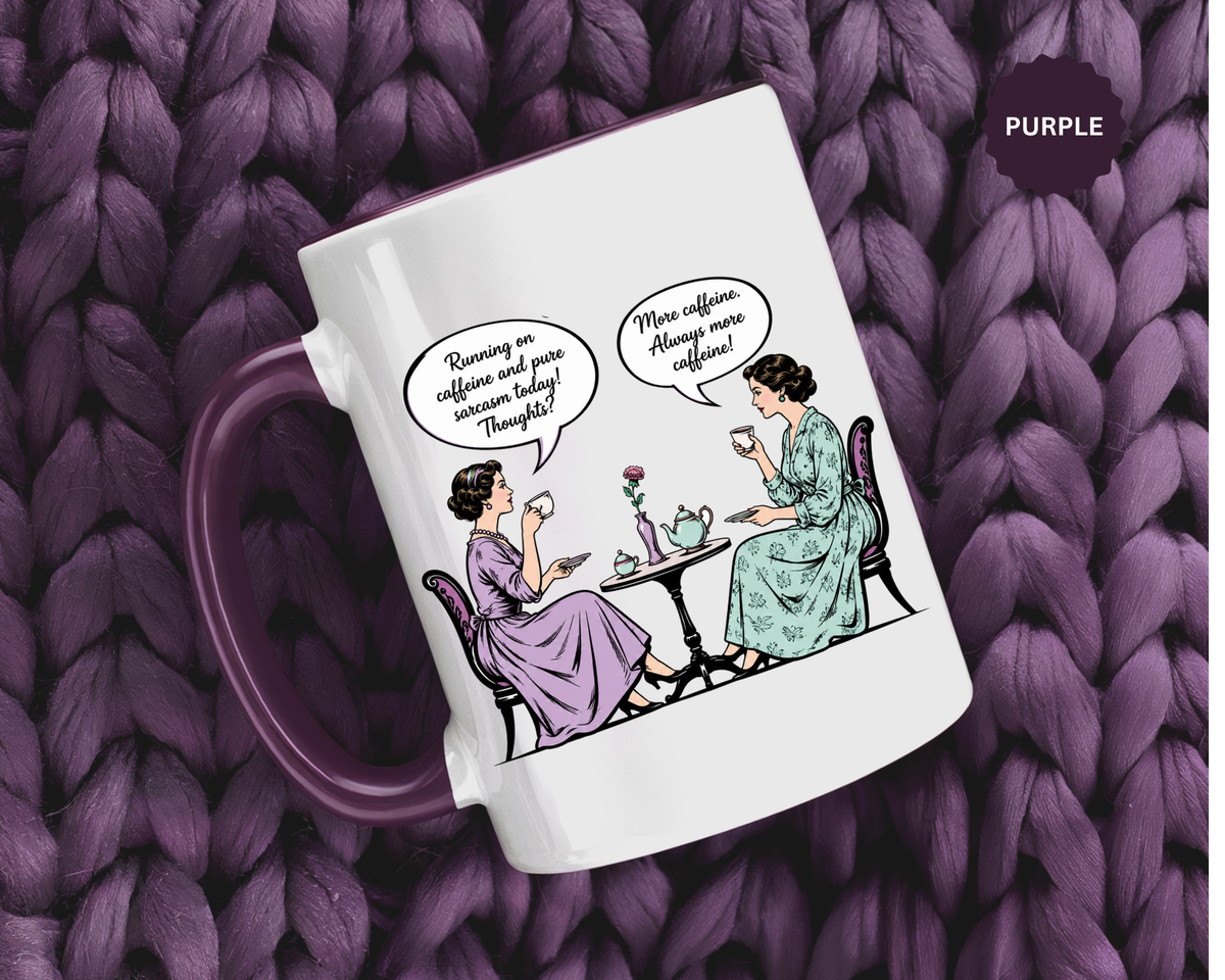 Funny Coffee Lovers Mug, Running on Caffeine and Pure Sarcasm Mug, Vintage Tea Party Coffee Cup, Best Friend Coffee Gift