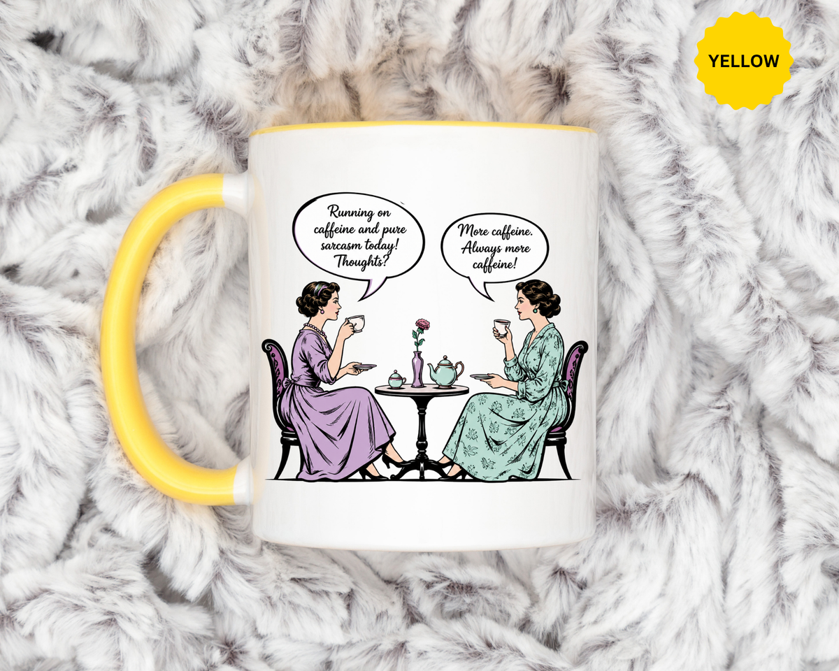 Funny Coffee Lovers Mug, Running on Caffeine and Pure Sarcasm Mug, Vintage Tea Party Coffee Cup, Best Friend Coffee Gift