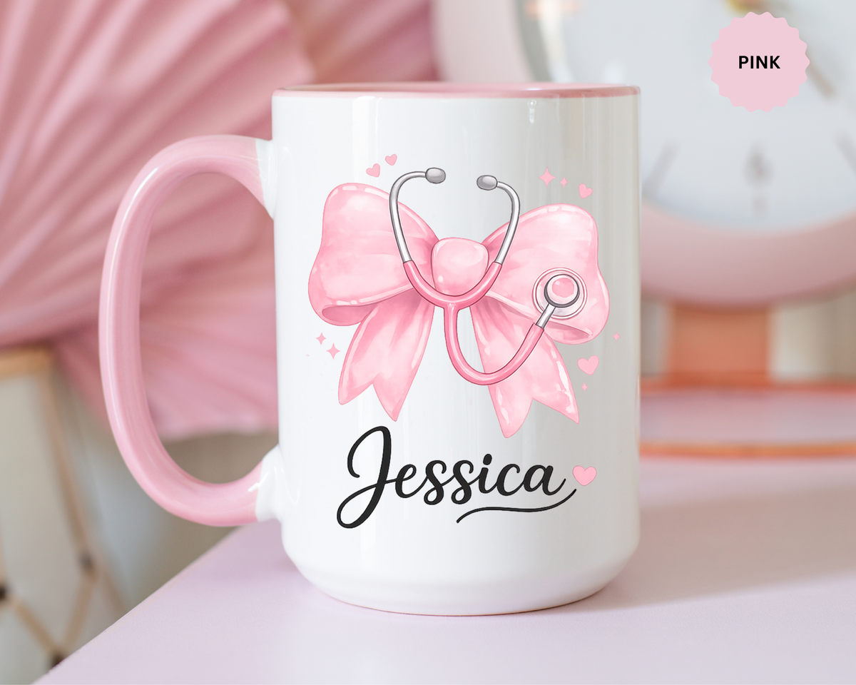 Personalized Nurse Mug, Custom Nurse Name Coffee Mug, Pink Stethoscope Gift, RN Appreciation Gift, Nurse Graduation Cup