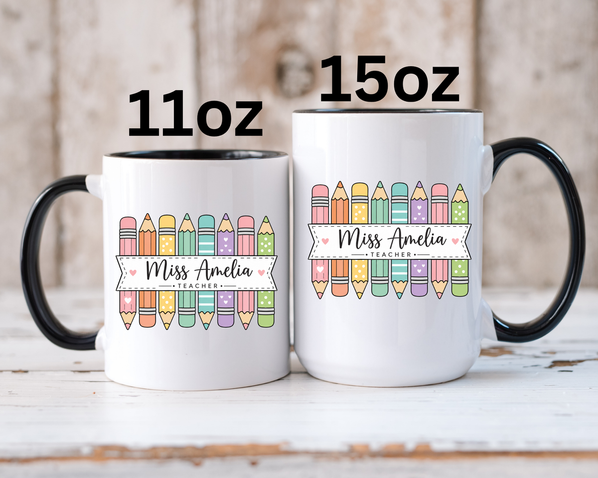 Personalized Teacher Pencil Mug, Custom Teacher Name Coffee Mug, Teacher Appreciation Gift, Back to School Teacher Cup