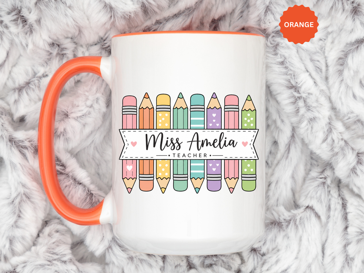 Personalized Teacher Pencil Mug, Custom Teacher Name Coffee Mug, Teacher Appreciation Gift, Back to School Teacher Cup