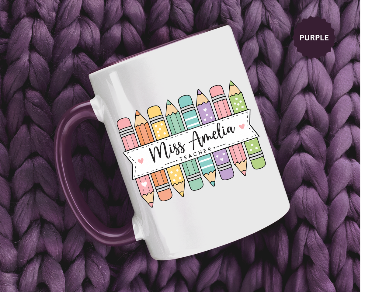 Personalized Teacher Pencil Mug, Custom Teacher Name Coffee Mug, Teacher Appreciation Gift, Back to School Teacher Cup