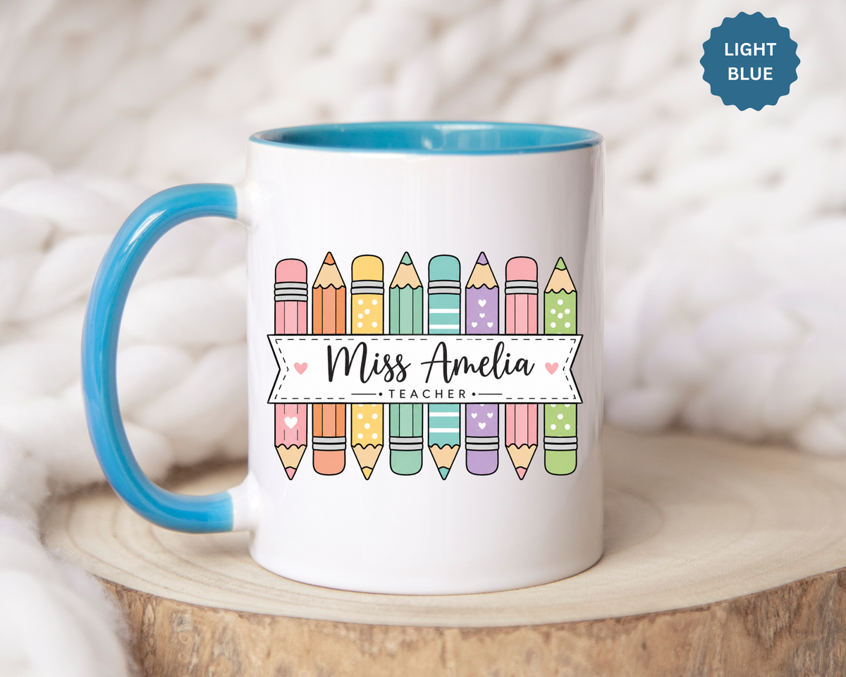 Personalized Teacher Pencil Mug, Custom Teacher Name Coffee Mug, Teacher Appreciation Gift, Back to School Teacher Cup