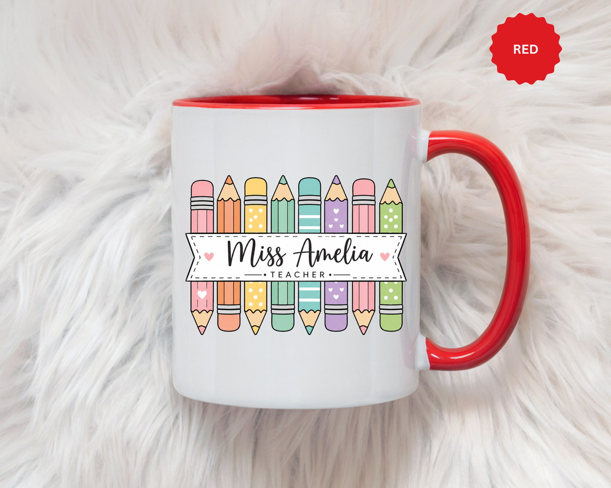 Personalized Teacher Pencil Mug, Custom Teacher Name Coffee Mug, Teacher Appreciation Gift, Back to School Teacher Cup