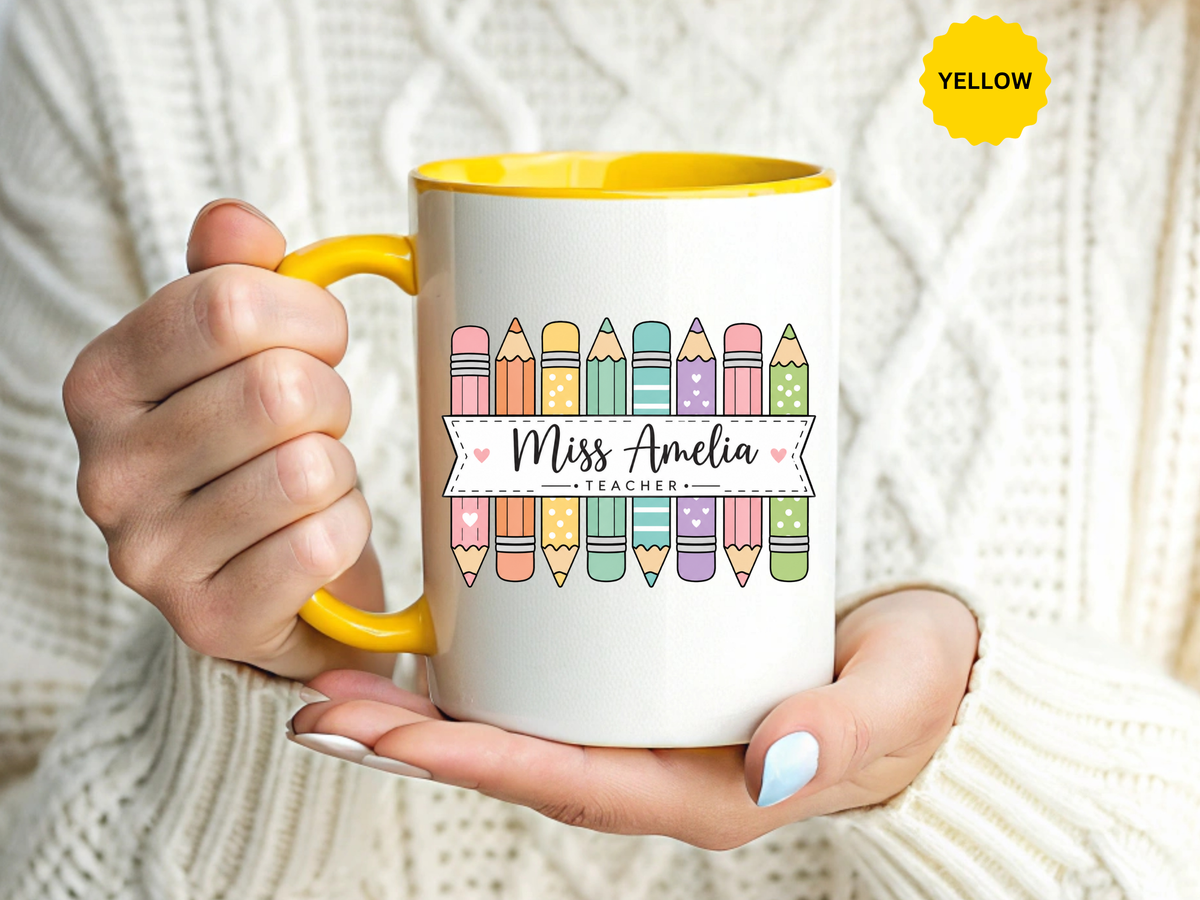 Personalized Teacher Pencil Mug, Custom Teacher Name Coffee Mug, Teacher Appreciation Gift, Back to School Teacher Cup
