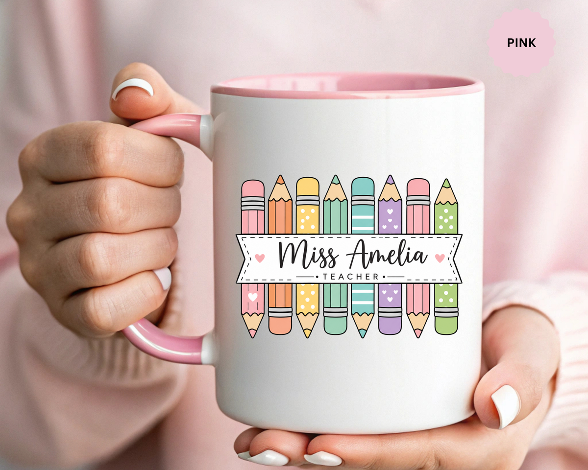 Personalized Teacher Pencil Mug, Custom Teacher Name Coffee Mug, Teacher Appreciation Gift, Back to School Teacher Cup