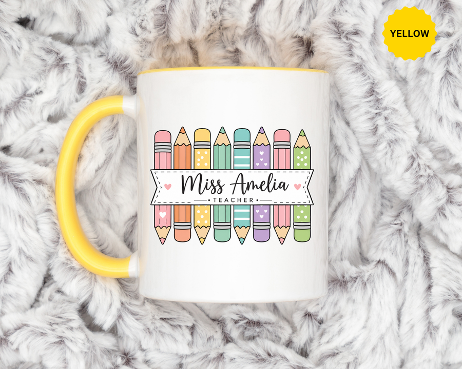 Personalized Teacher Pencil Mug, Custom Teacher Name Coffee Mug, Teacher Appreciation Gift, Back to School Teacher Cup