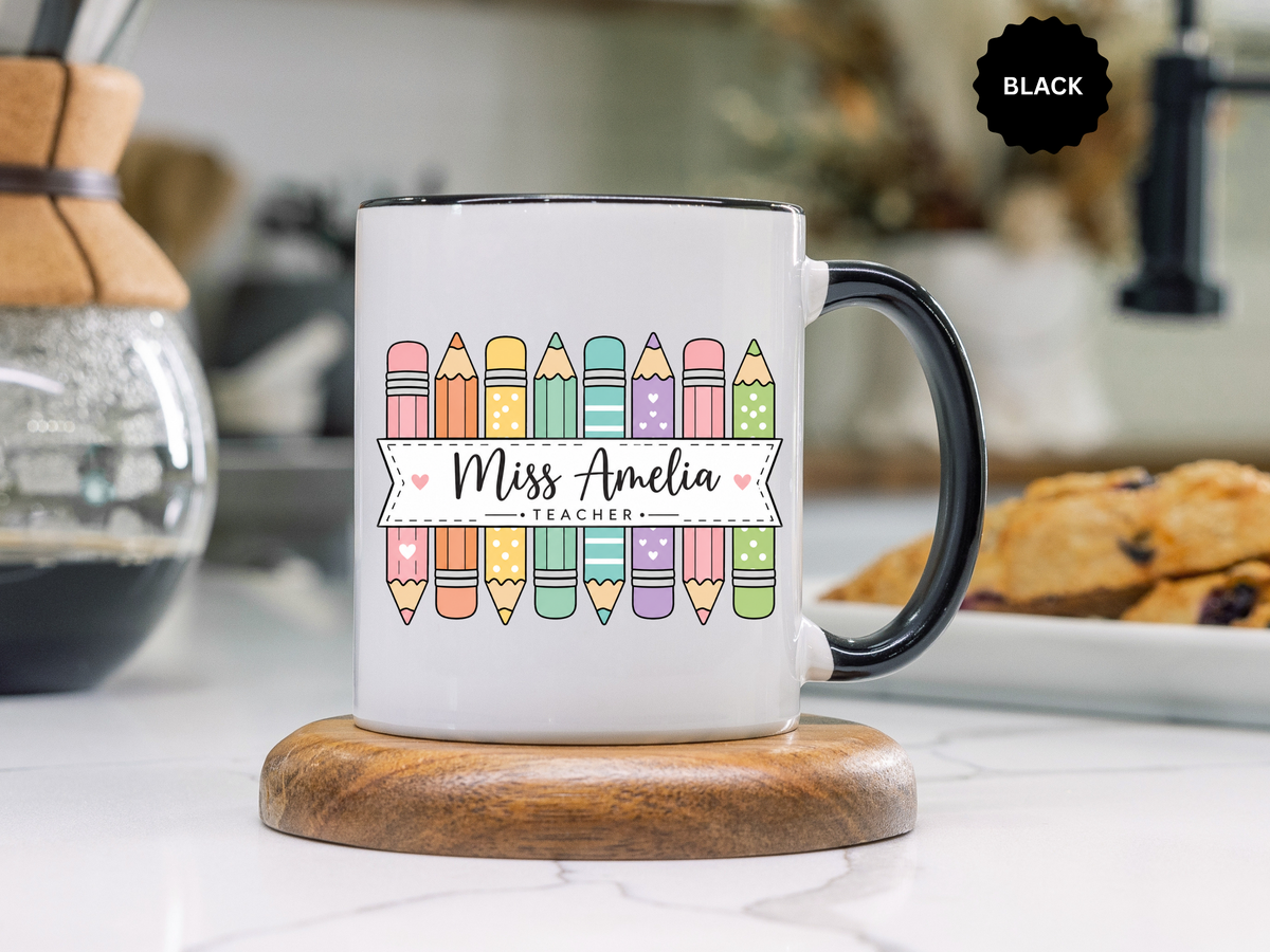 Personalized Teacher Pencil Mug, Custom Teacher Name Coffee Mug, Teacher Appreciation Gift, Back to School Teacher Cup