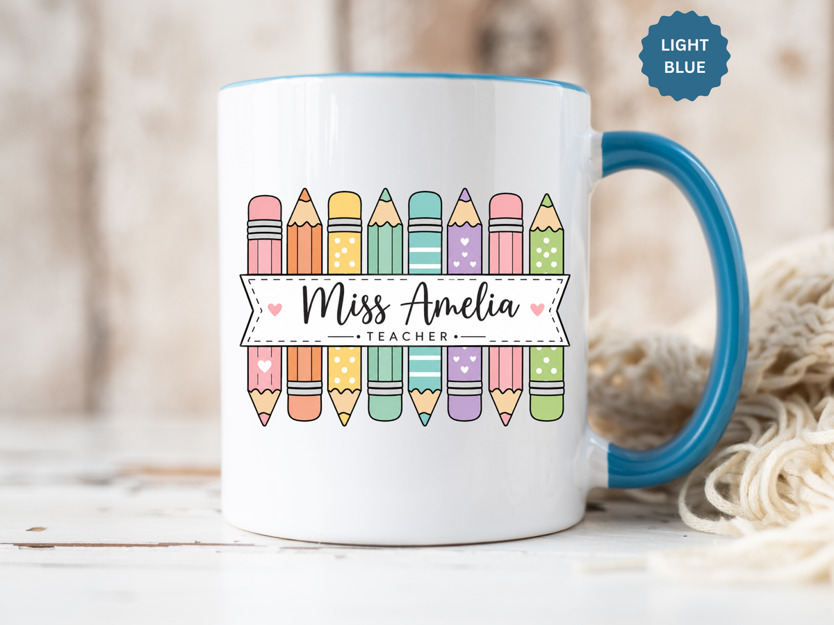 Personalized Teacher Pencil Mug, Custom Teacher Name Coffee Mug, Teacher Appreciation Gift, Back to School Teacher Cup