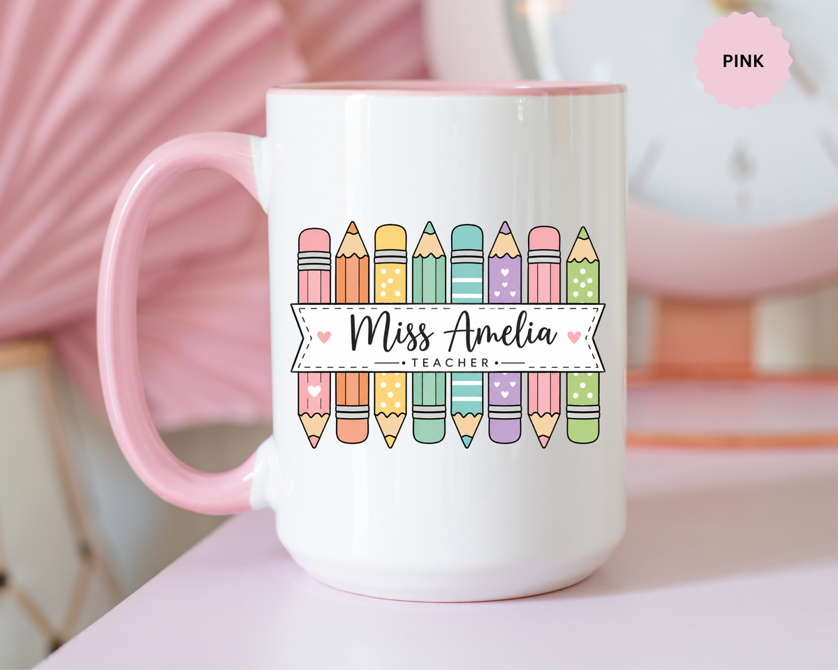 Personalized Teacher Pencil Mug, Custom Teacher Name Coffee Mug, Teacher Appreciation Gift, Back to School Teacher Cup