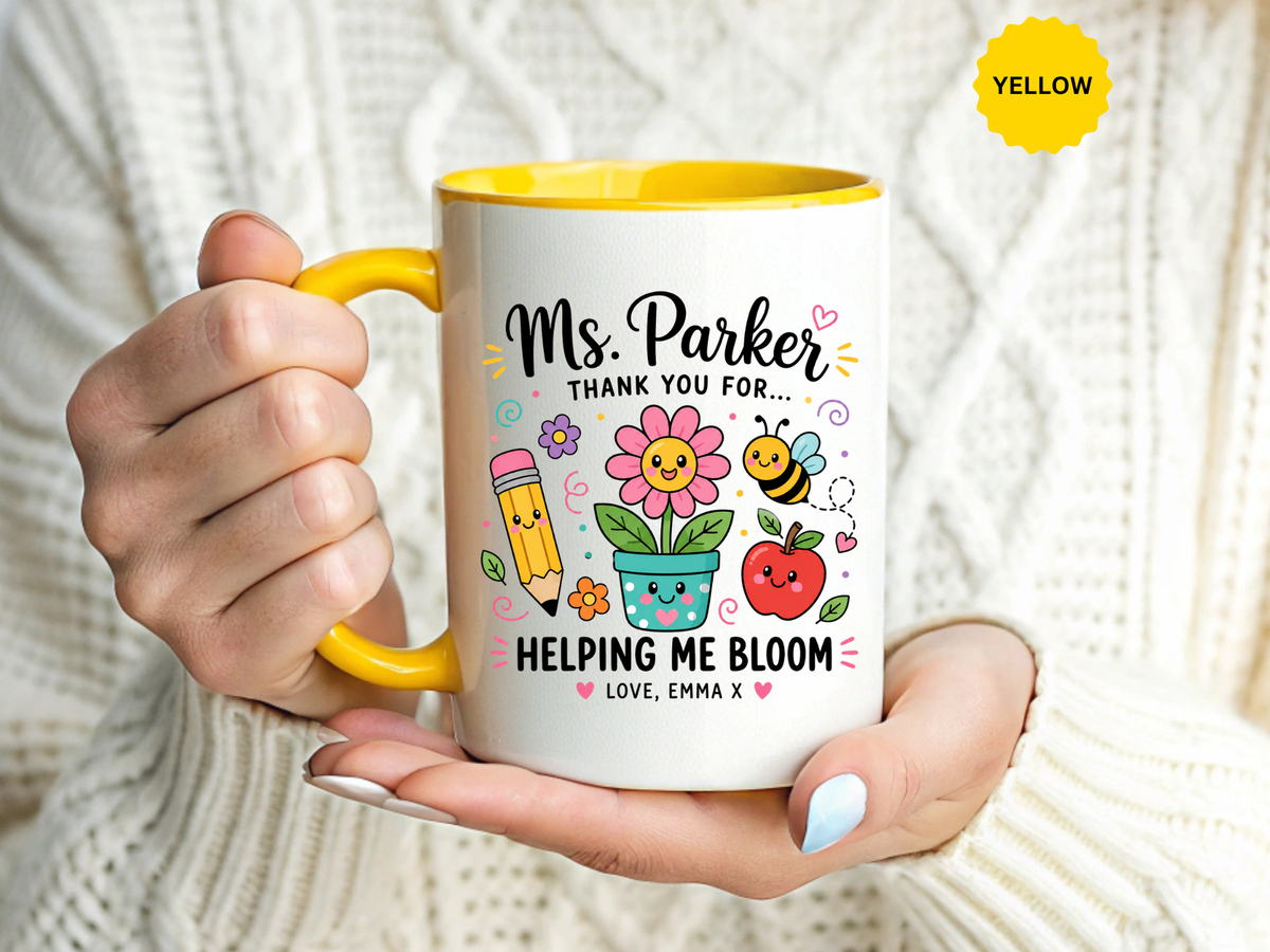 Personalized Teacher Appreciation Mug, Custom Teacher Thank You Coffee Mug, Helping Me Bloom Gift, End of School Year Teacher Gift