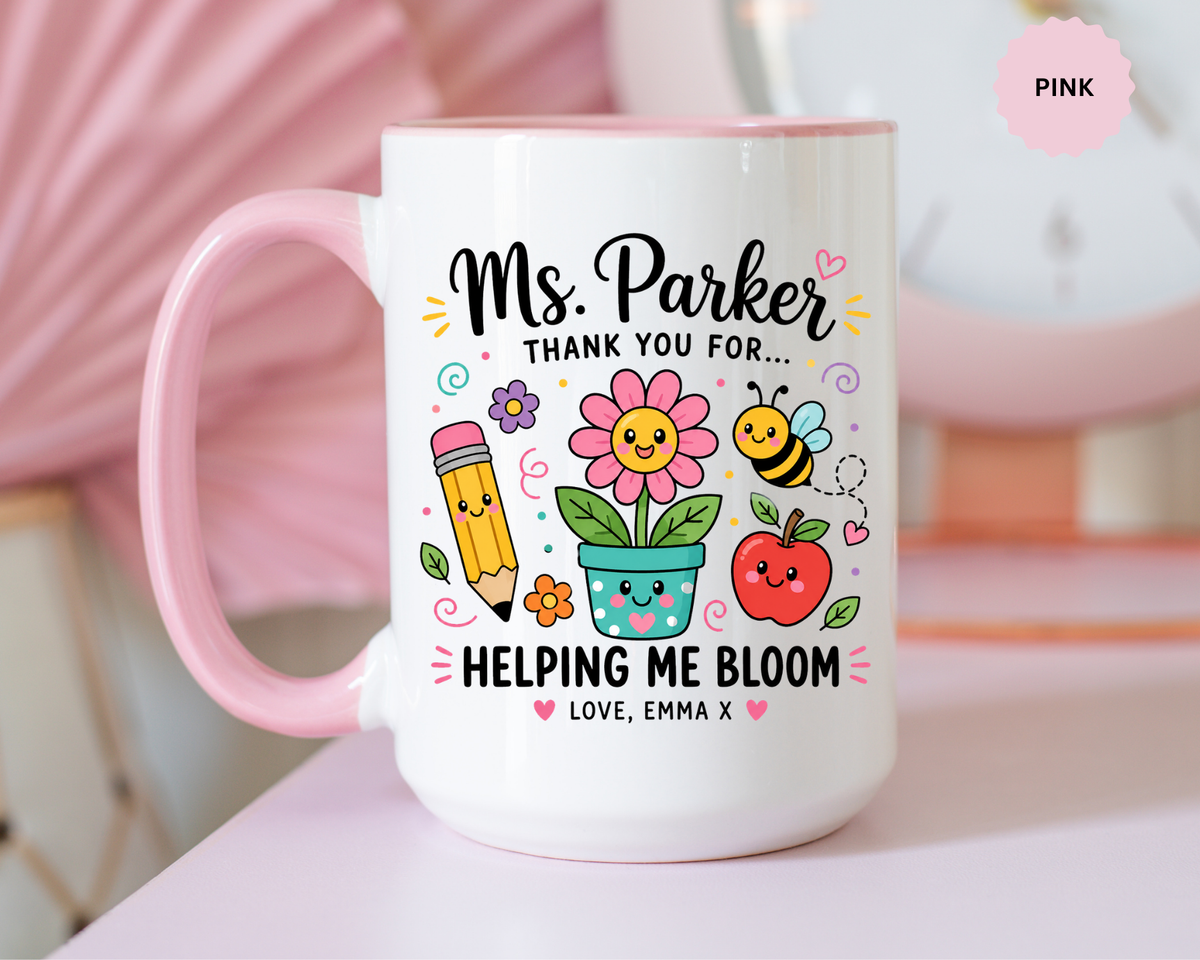 Personalized Teacher Appreciation Mug, Custom Teacher Thank You Coffee Mug, Helping Me Bloom Gift, End of School Year Teacher Gift