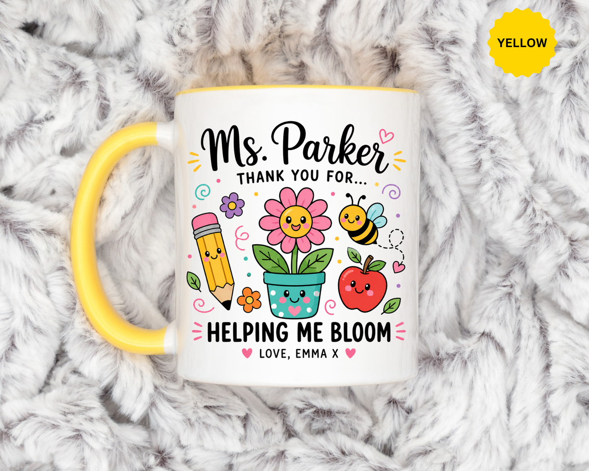 Personalized Teacher Appreciation Mug, Custom Teacher Thank You Coffee Mug, Helping Me Bloom Gift, End of School Year Teacher Gift