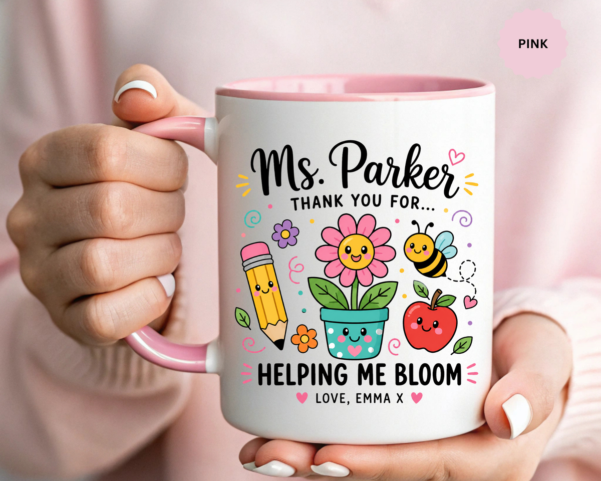 Personalized Teacher Appreciation Mug, Custom Teacher Thank You Coffee Mug, Helping Me Bloom Gift, End of School Year Teacher Gift