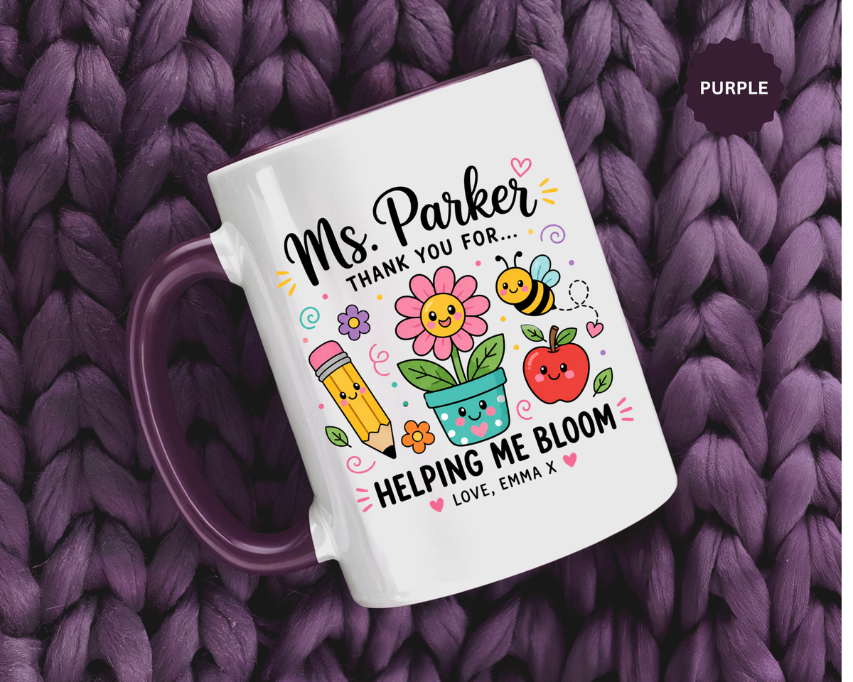 Personalized Teacher Appreciation Mug, Custom Teacher Thank You Coffee Mug, Helping Me Bloom Gift, End of School Year Teacher Gift