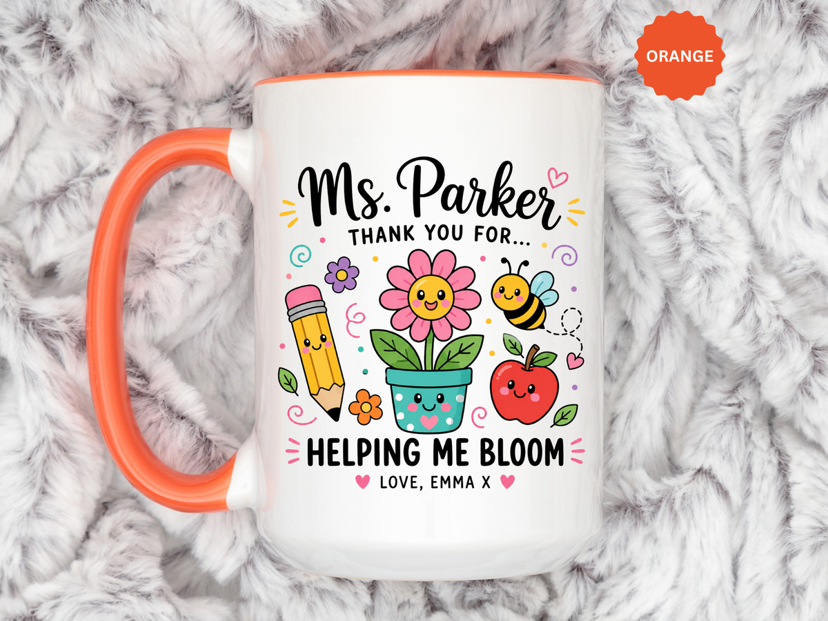 Personalized Teacher Appreciation Mug, Custom Teacher Thank You Coffee Mug, Helping Me Bloom Gift, End of School Year Teacher Gift