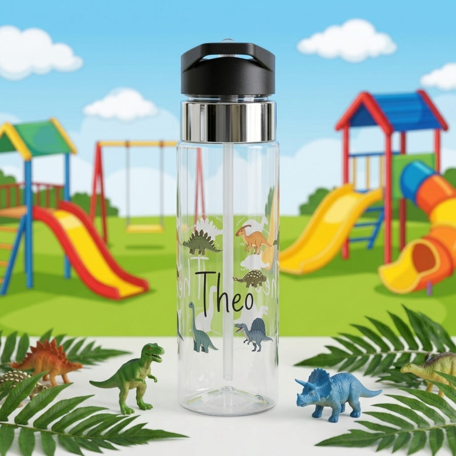 Clear plastic water bottle with a black flip lid and a straw, printed with the name Theo in black handwriting among cartoon dinosaurs, each one labelled with its own species name.