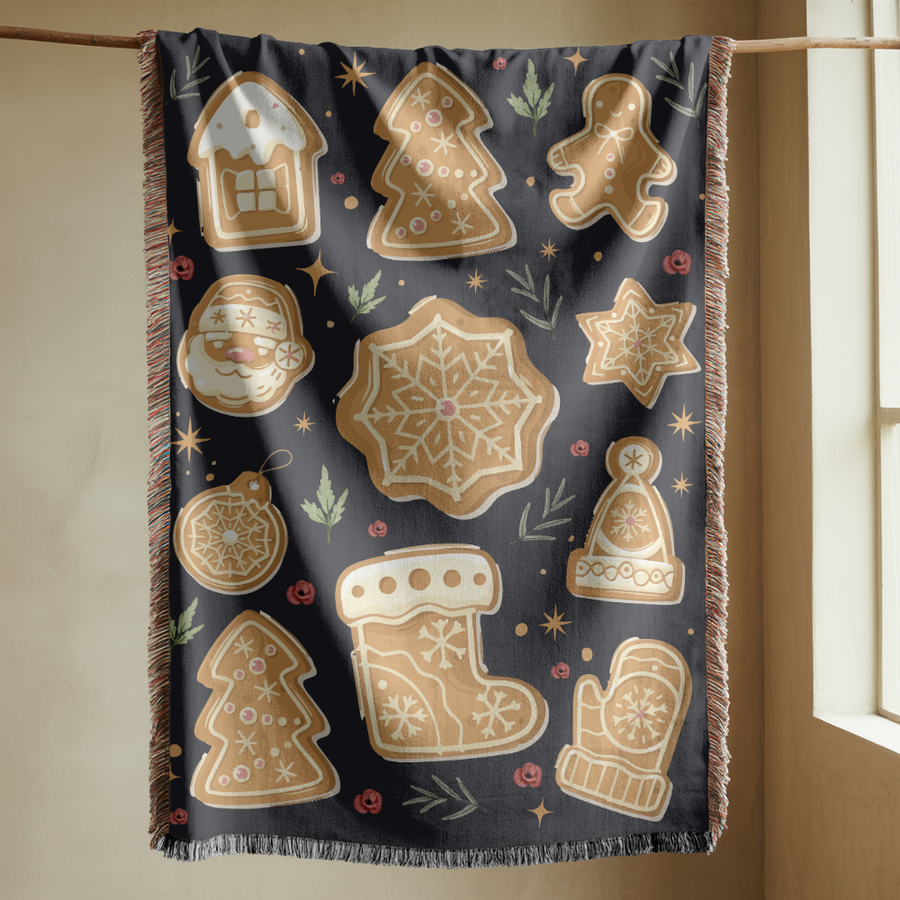 Christmas Gingerbread Cookie Woven Blanket, Cozy Holiday Throw Blanket, Comfort Color Christmas Decor, Farmhouse Winter Gift, Festive Couch Blanket