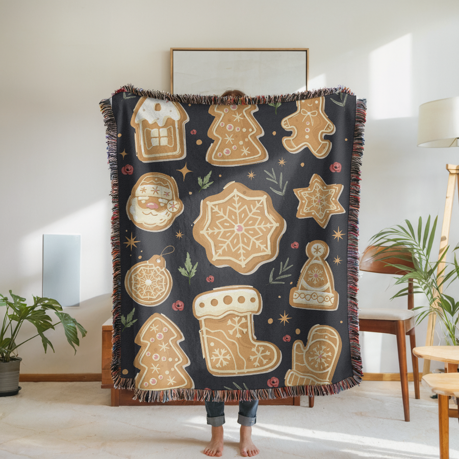 Christmas Gingerbread Cookie Woven Blanket, Cozy Holiday Throw Blanket, Comfort Color Christmas Decor, Farmhouse Winter Gift, Festive Couch Blanket