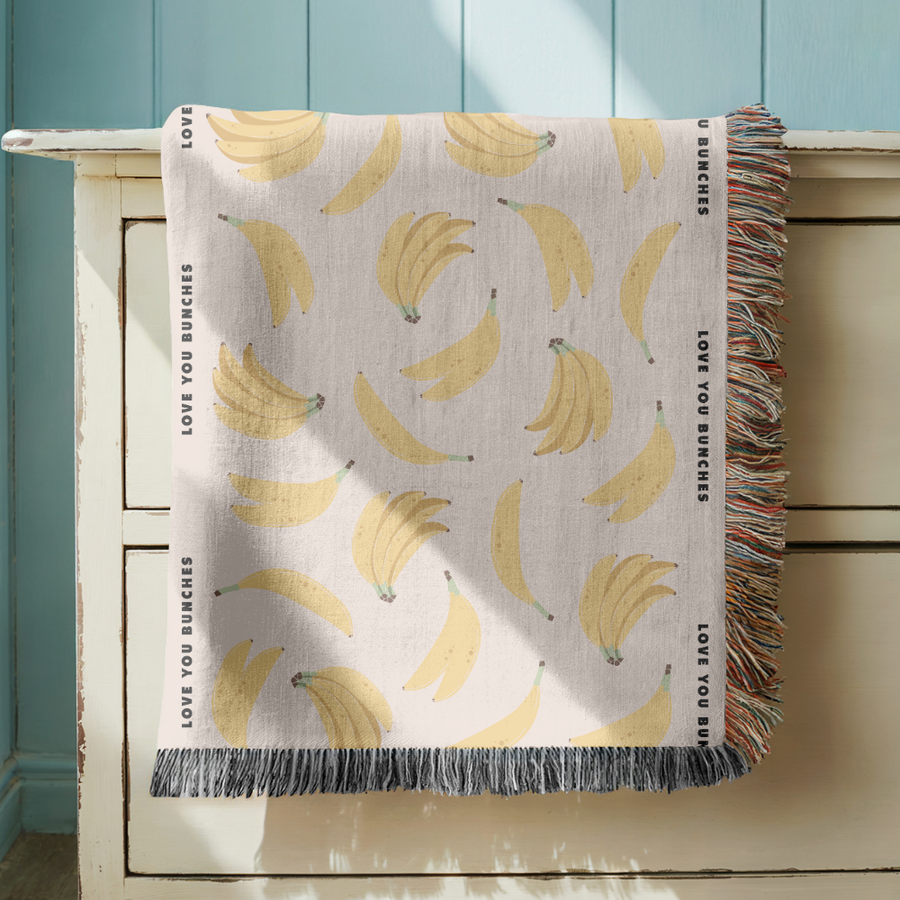 Banana Pattern Woven Blanket, Cute Fruit Throw Blanket, Comfort Color Cozy Home Decor, Whimsical Kitchen Gift, Botanical Couch Blanket
