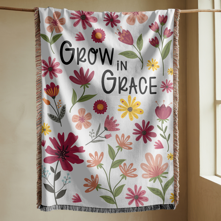 Grow in Grace Woven Blanket, Christian Floral Throw Blanket, Comfort Color Inspirational Faith Gift, Bible Verse Cozy Blanket