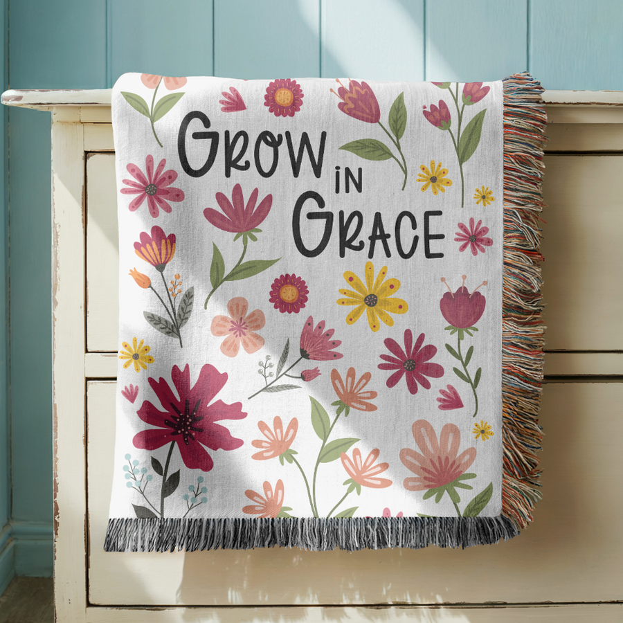 Grow in Grace Woven Blanket, Christian Floral Throw Blanket, Comfort Color Inspirational Faith Gift, Bible Verse Cozy Blanket