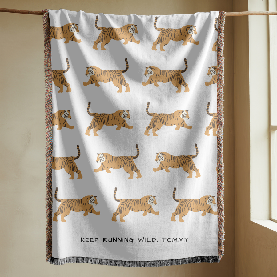 Personalized Tiger Woven Blanket, Safari Nursery Throw Blanket, Comfort Color Baby Name Blanket, Jungle Animal Baby Shower Gift