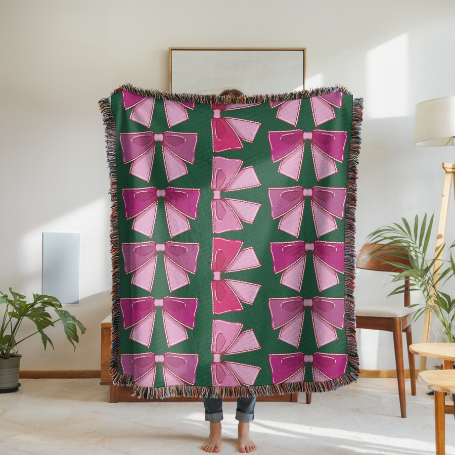 Pink Bow Woven Blanket, Coquette Aesthetic Throw Blanket, Comfort Color Girly Home Decor, Feminine Cottagecore Gift, Cute Cozy Blanket