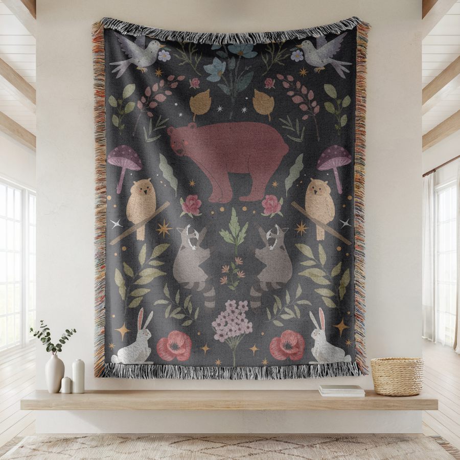 Woodland Animal Woven Blanket, Forest Cottagecore Throw Blanket, Comfort Color Nature Inspired Cozy Blanket, Rustic Cabin Home Decor