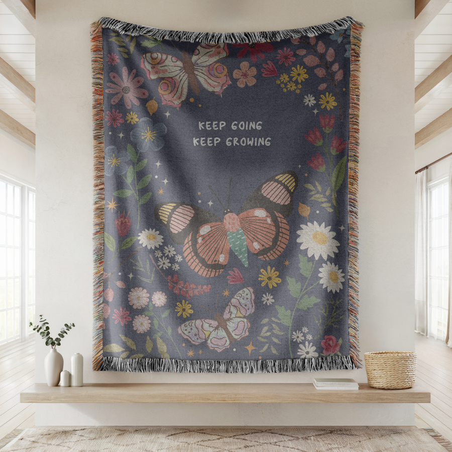 Butterfly Inspirational Woven Blanket, Keep Going Keep Growing Throw Blanket, Comfort Color Floral Motivational Blanket, Cottagecore Decor