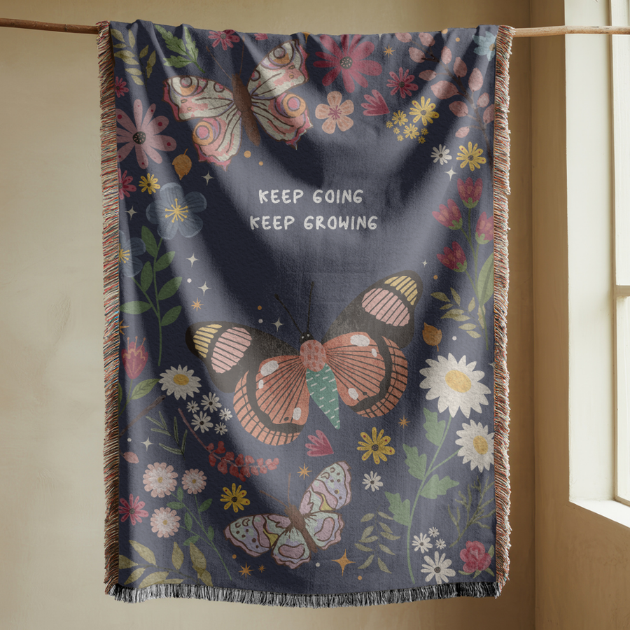 Butterfly Inspirational Woven Blanket, Keep Going Keep Growing Throw Blanket, Comfort Color Floral Motivational Blanket, Cottagecore Decor
