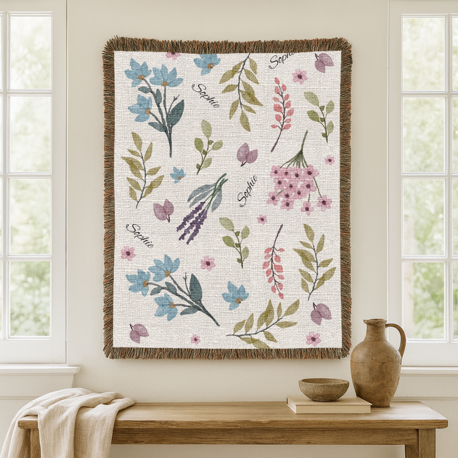 Personalized Botanical Woven Blanket, Custom Name Floral Throw Blanket, Comfort Color Watercolor Wildflower Blanket, Cottagecore Decor Gift