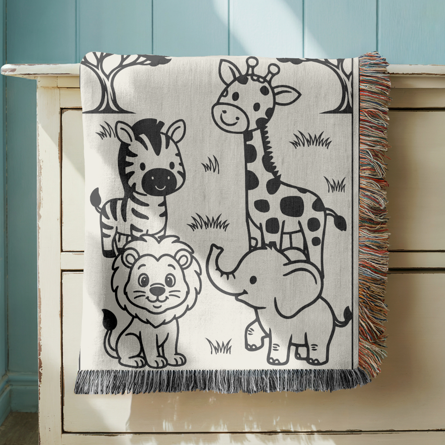 Safari Animal Woven Blanket, Jungle Nursery Throw Blanket, Comfort Color Baby Animal Blanket, Neutral Kids Room Decor, Baby Shower Gift