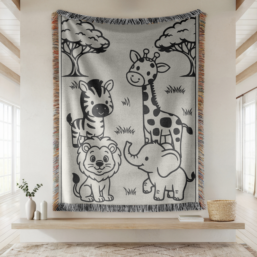Safari Animal Woven Blanket, Jungle Nursery Throw Blanket, Comfort Color Baby Animal Blanket, Neutral Kids Room Decor, Baby Shower Gift