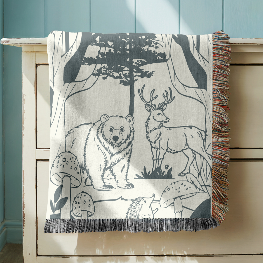 Woodland Forest Woven Blanket, Bear and Deer Throw Blanket, Comfort Color Rustic Cabin Blanket, Wildlife Nature Home Decor, Cozy Lodge Gift