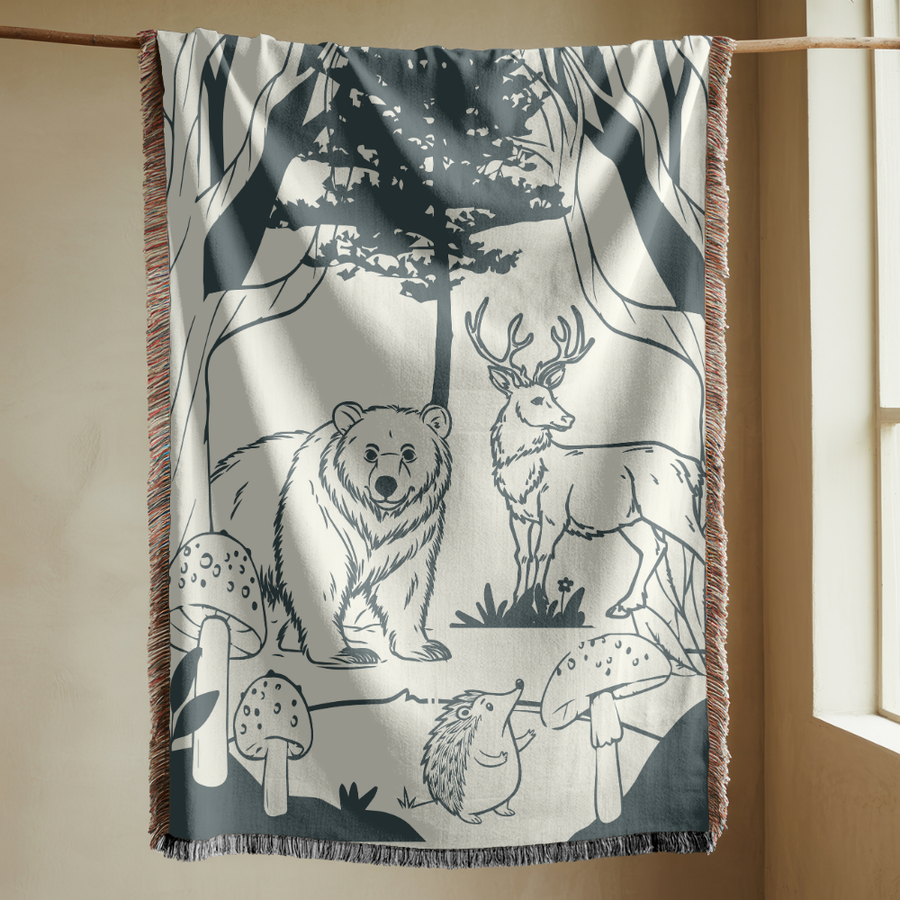 Woodland Forest Woven Blanket, Bear and Deer Throw Blanket, Comfort Color Rustic Cabin Blanket, Wildlife Nature Home Decor, Cozy Lodge Gift