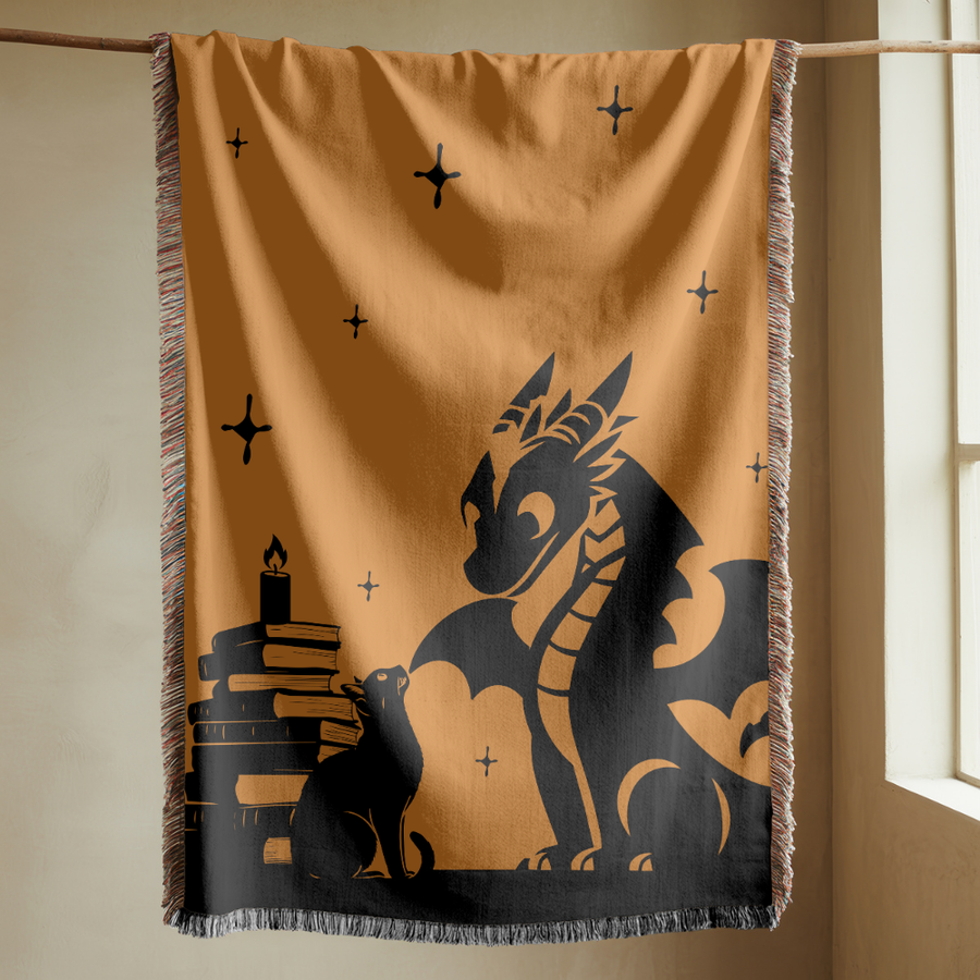 Fantasy Dragon Woven Blanket, Cozy Reading Throw Blanket, Comfort Color Book Lover Blanket, Gothic Fantasy Home Decor
