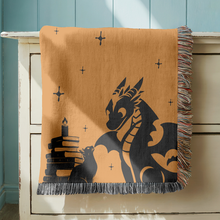 Fantasy Dragon Woven Blanket, Cozy Reading Throw Blanket, Comfort Color Book Lover Blanket, Gothic Fantasy Home Decor