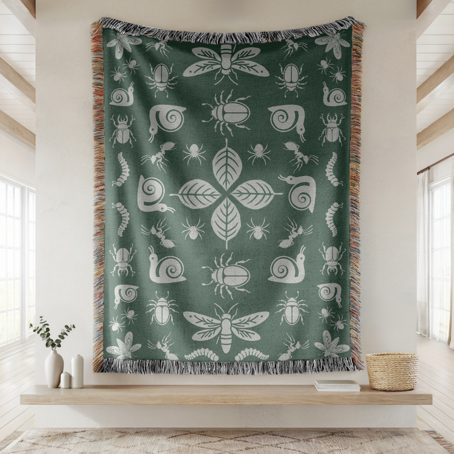Nature Insect Woven Blanket, Botanical Bug Throw Blanket, Comfort Color Cottagecore Blanket, Forest Wildlife Home Decor