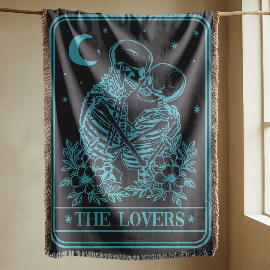 The Lovers Tarot Woven Blanket, Gothic Skeleton Couple Throw Blanket, Comfort Color Dark Academia Blanket, Celestial Home Decor