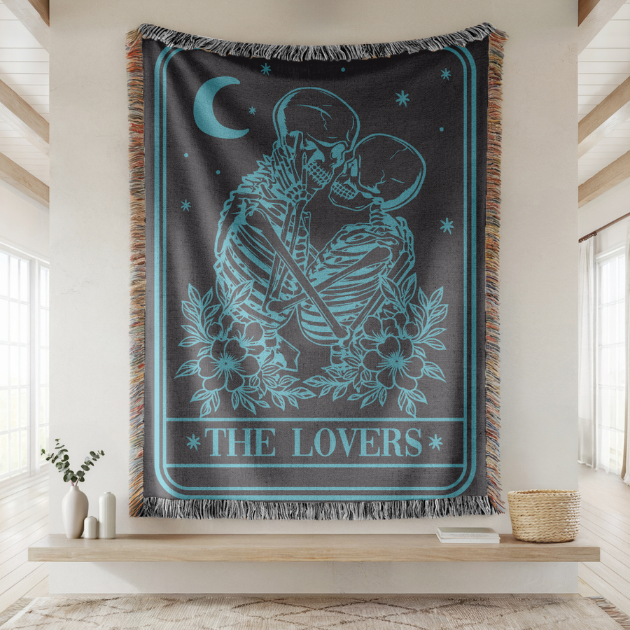 The Lovers Tarot Woven Blanket, Gothic Skeleton Couple Throw Blanket, Comfort Color Dark Academia Blanket, Celestial Home Decor