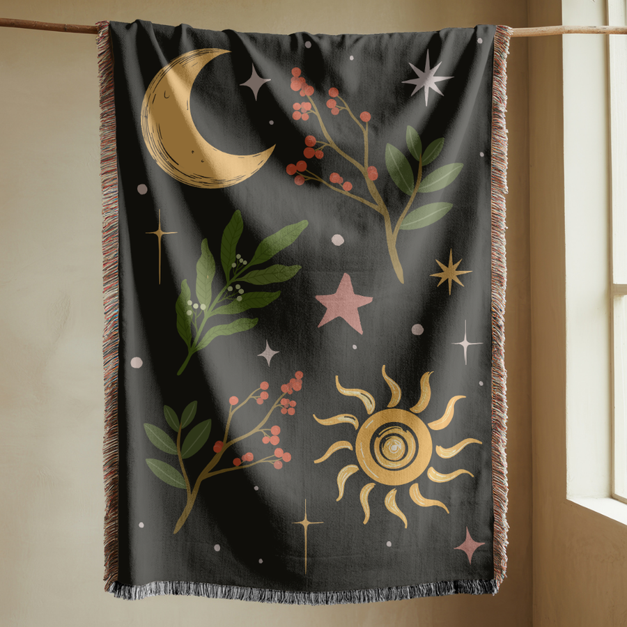 Celestial Moon Sun Woven Blanket, Botanical Boho Throw Blanket, Comfort Color Celestial Blanket, Cottagecore Home Decor, Mystical Nature
