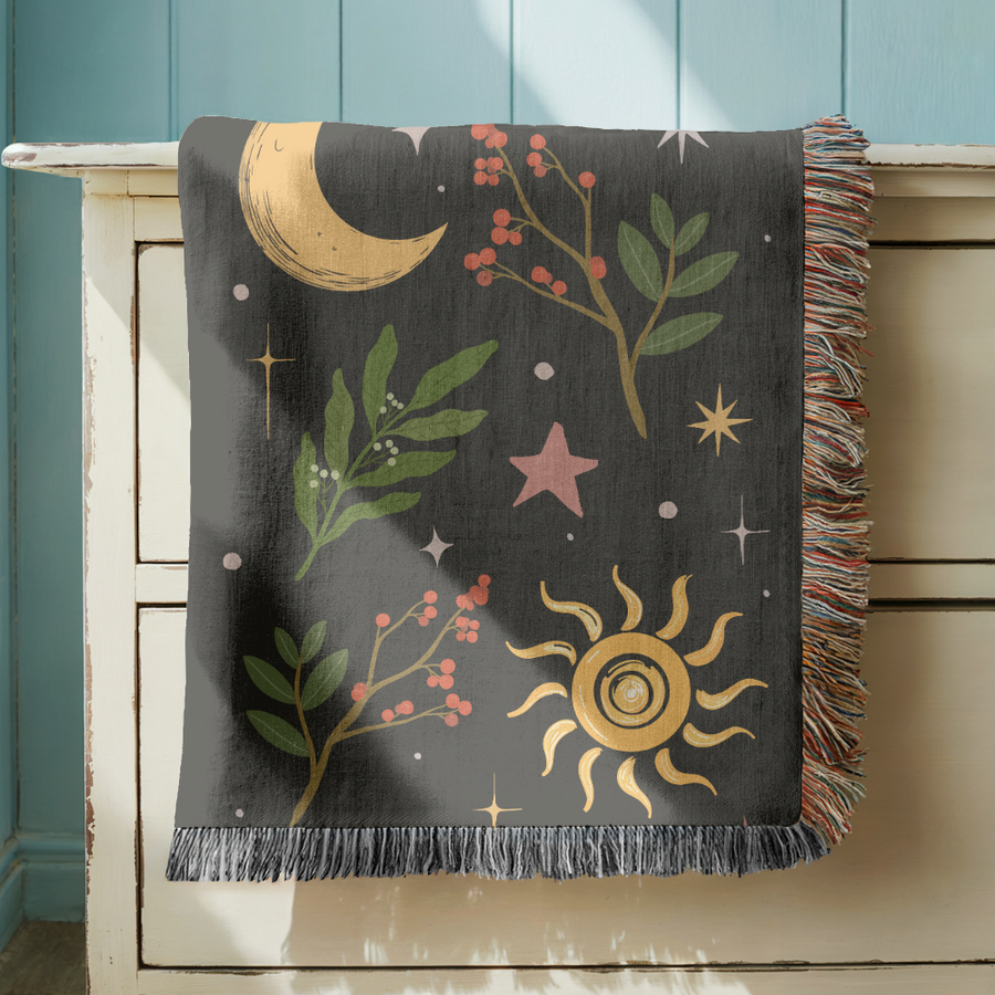 Celestial Moon Sun Woven Blanket, Botanical Boho Throw Blanket, Comfort Color Celestial Blanket, Cottagecore Home Decor, Mystical Nature