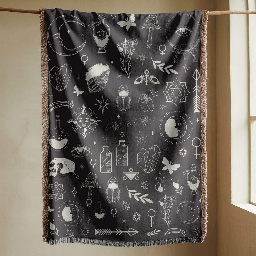 Witchy Botanical Woven Blanket, Mystic Celestial Throw Blanket, Comfort Color Gothic Blanket, Crystal Moon Home Decor