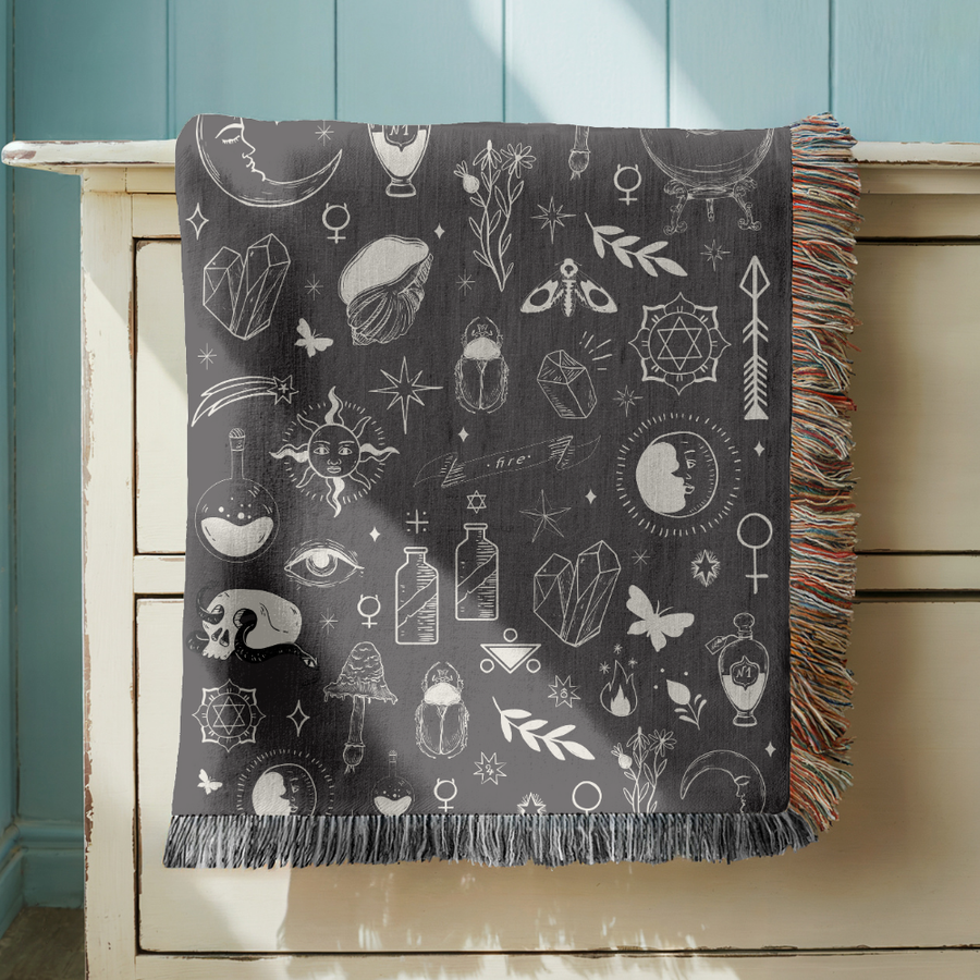 Witchy Botanical Woven Blanket, Mystic Celestial Throw Blanket, Comfort Color Gothic Blanket, Crystal Moon Home Decor
