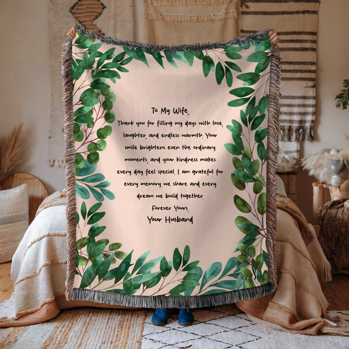 Personalized Wife Letter Woven Blanket, Custom Love Message Throw Blanket, Comfort Color Anniversary Gift for Wife