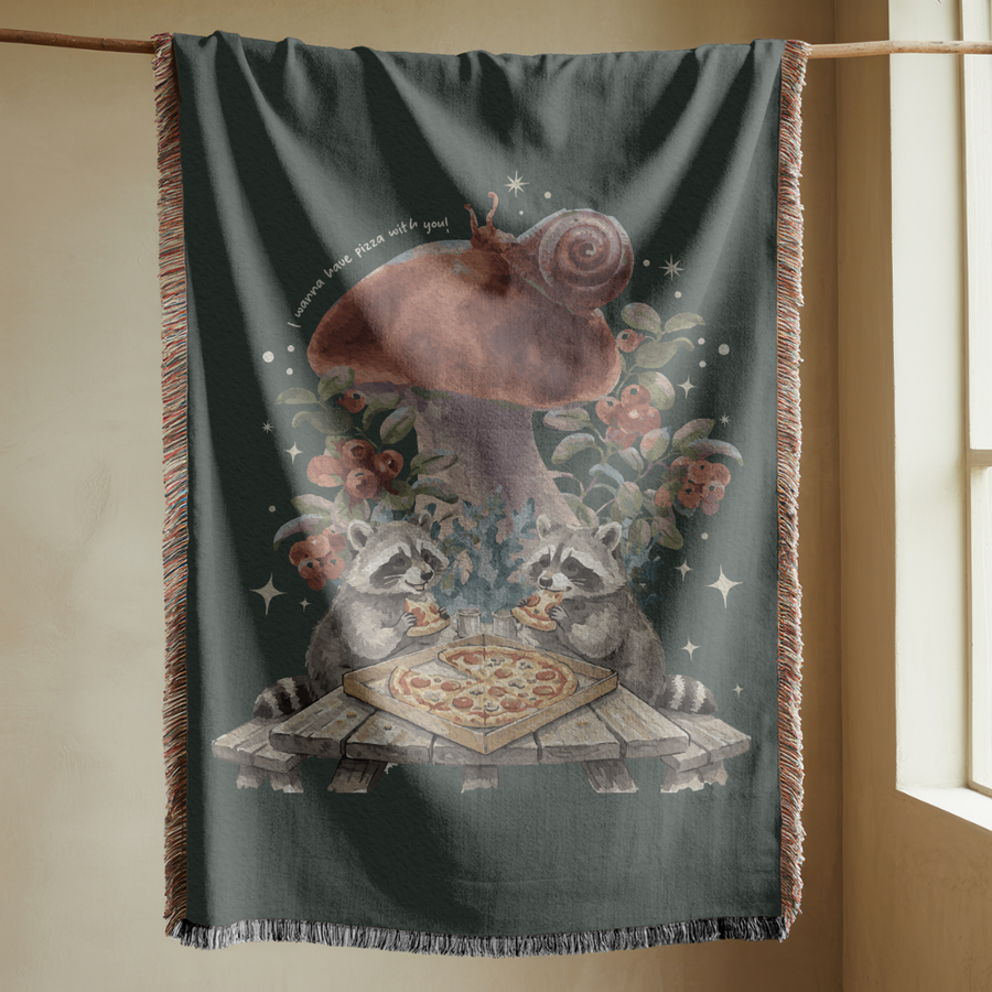 Cute Raccoon Pizza Woven Blanket, Comfort Color Woodland Animal Throw Blanket, Cottagecore Mushroom Decor, Cozy Forest Gift for Pizza Lovers