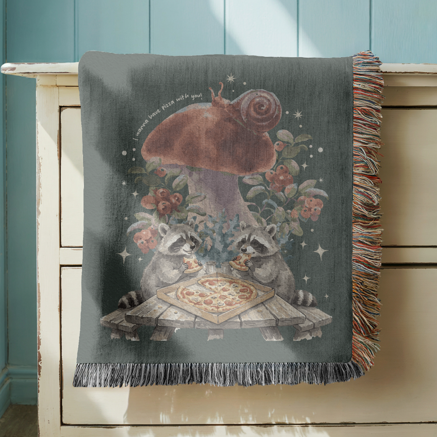 Cute Raccoon Pizza Woven Blanket, Comfort Color Woodland Animal Throw Blanket, Cottagecore Mushroom Decor, Cozy Forest Gift for Pizza Lovers
