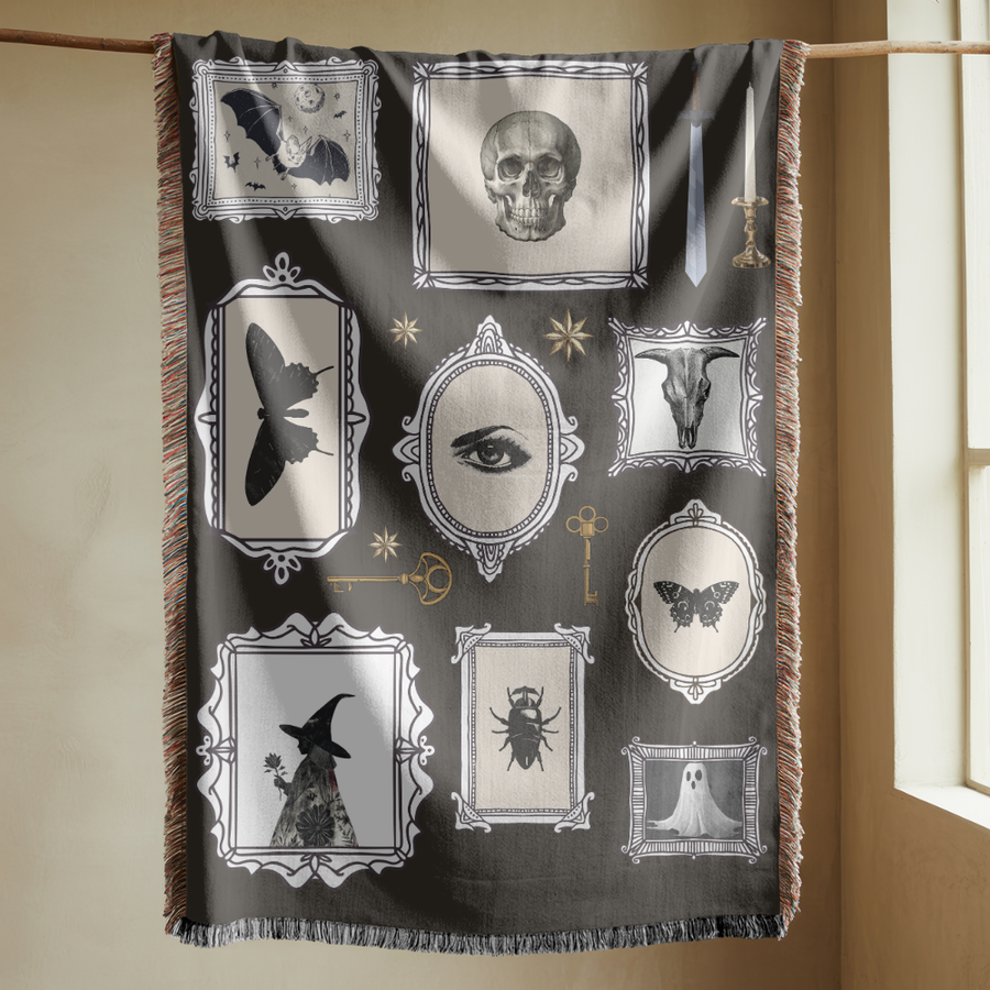 Gothic Halloween Blanket, Comfort Color Throw, Dark Academia Home Decor, Witchy Skull & Butterfly Blanket, Spooky Gift for Her